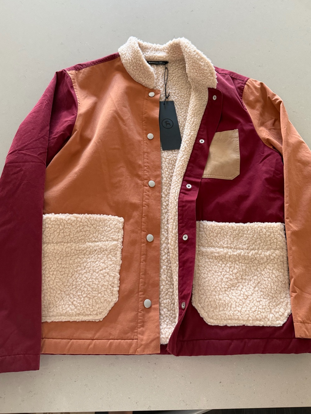 Colorblocked Sherpa-Lined Puffer Jacket - Burgundy & Rust